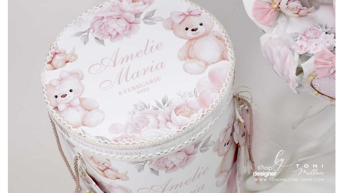 Trusou botez cu ursuleti si hortensii Teddy Bear Pink 12